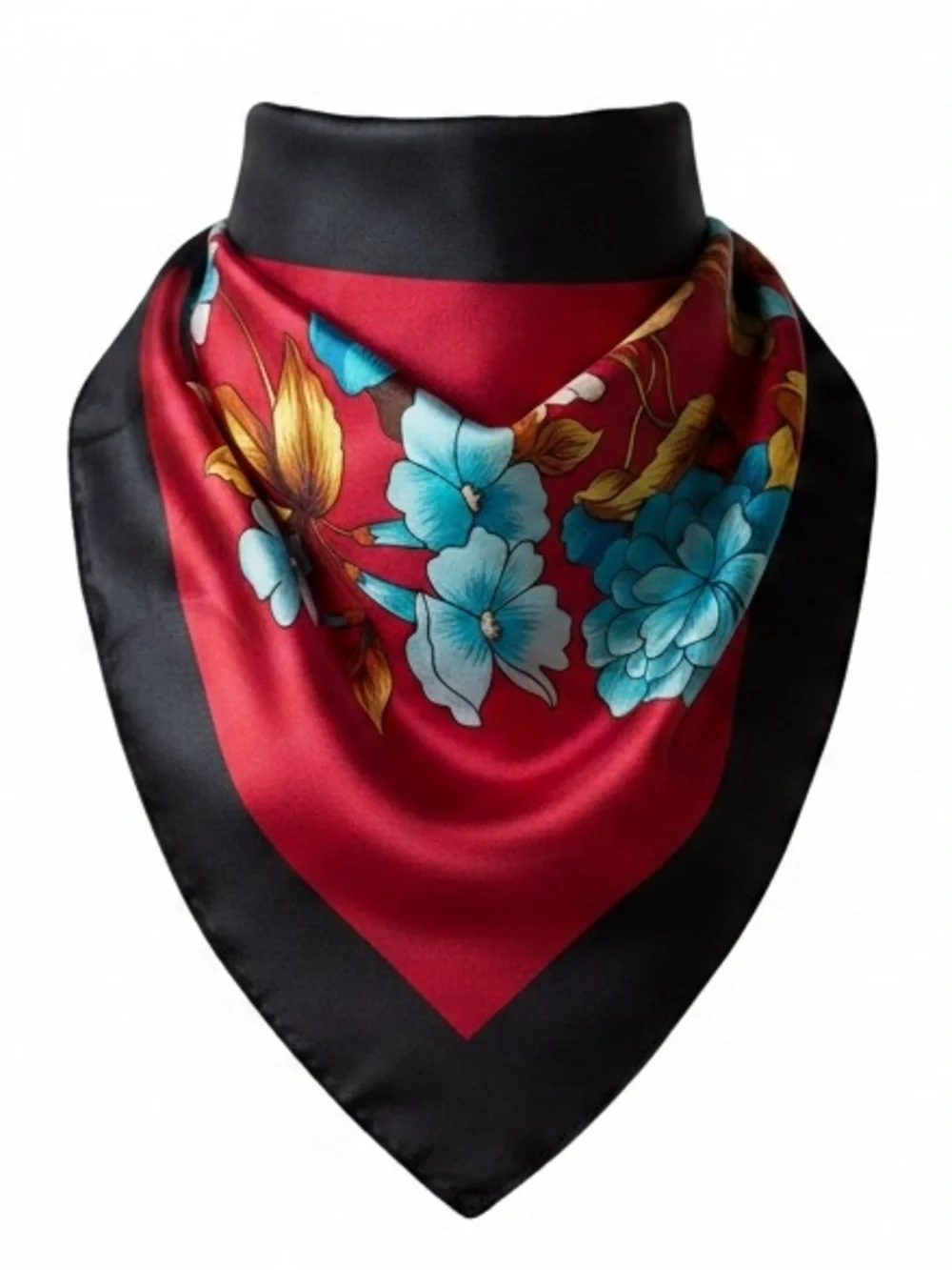 red and black silk like square scarf features a bold turquoise and blue